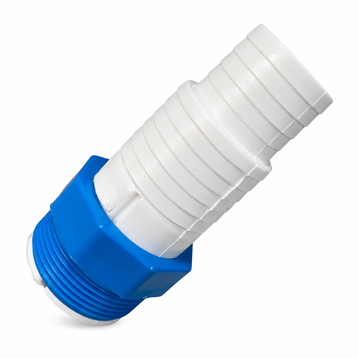 Adaptador azul e branco para mangueira com rosca fina
