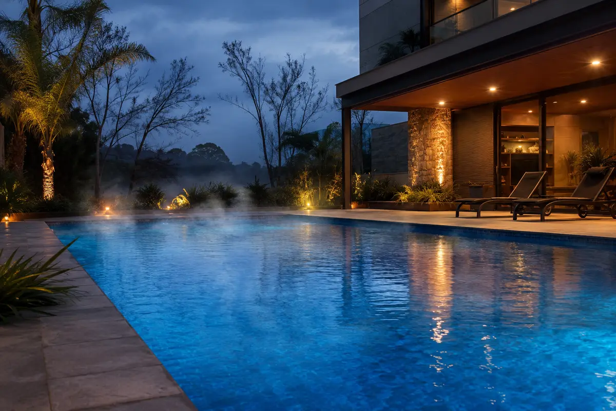 Piscina aquecida com leve vapor em uma manhã fria