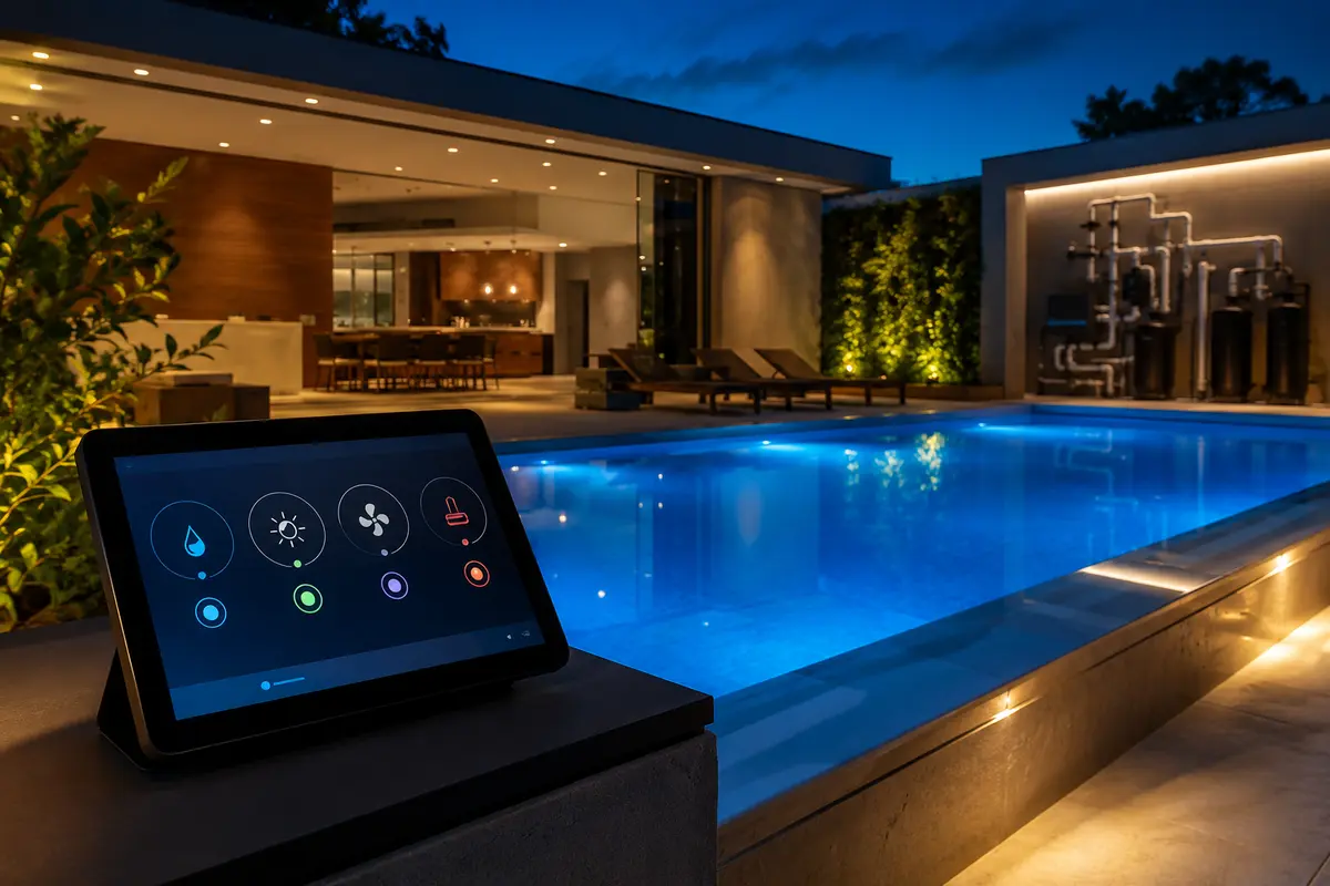 Piscina iluminada com painel de controle de automação