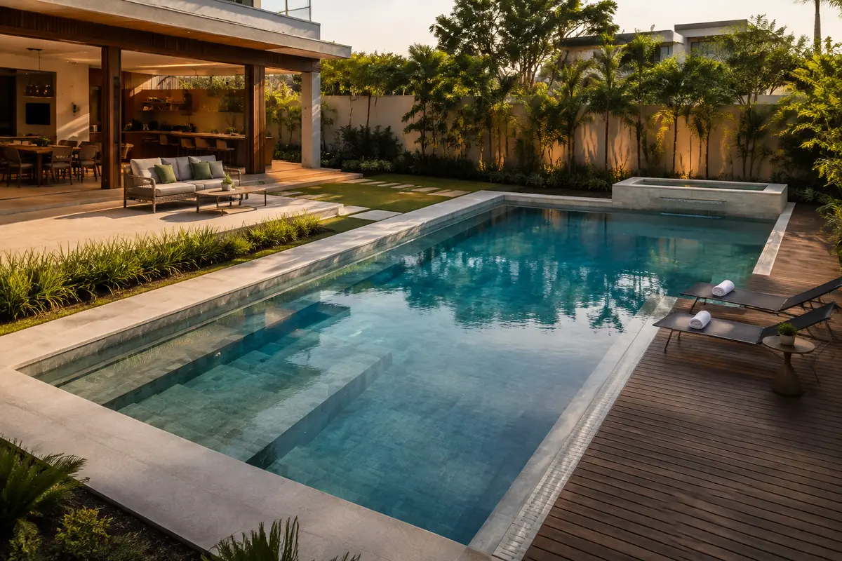 Piscina integrada ao projeto de uma área de lazer