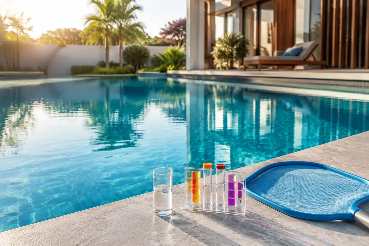 Piscina cristalina com kit de análise e acessório de limpeza