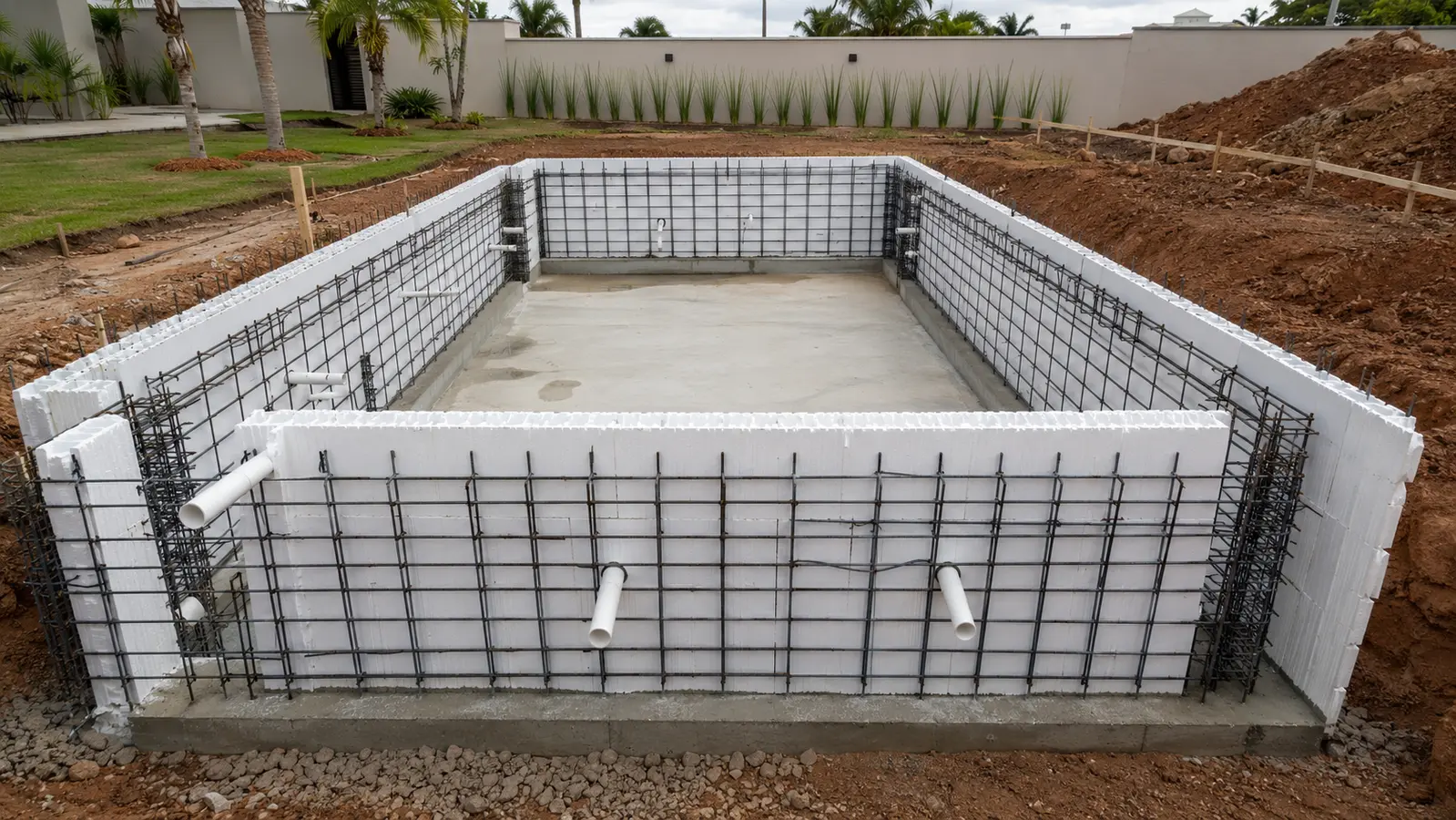 Referência visual de armação e passagens hidráulicas em piscina ICF