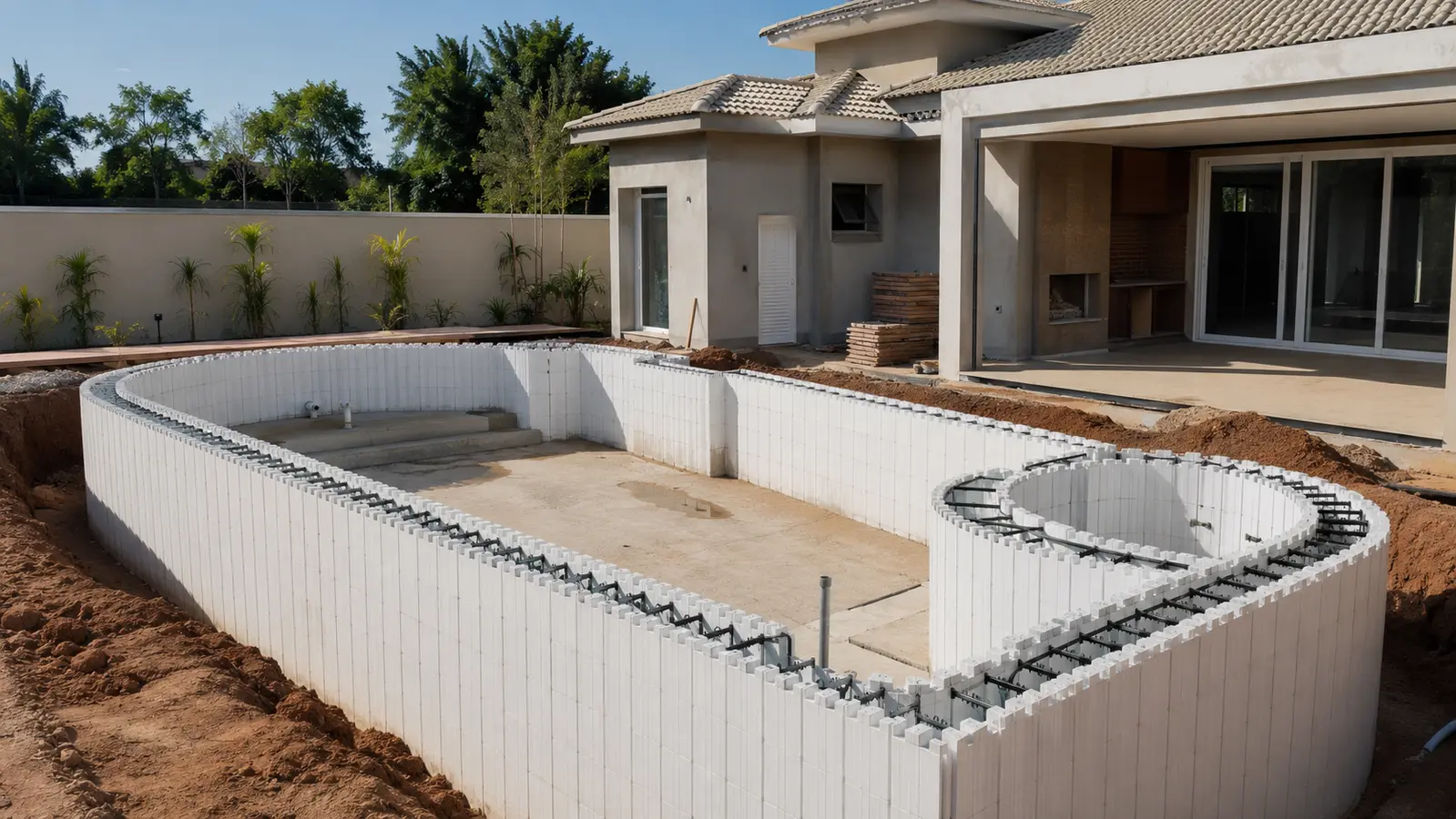 Referência visual da montagem de formas isolantes em uma piscina